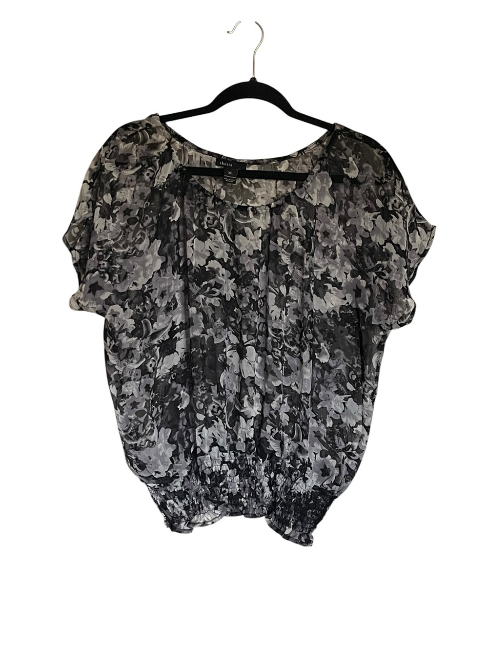 Women's Sheer Floral Blouse with Smocked Hem - Black & Gray